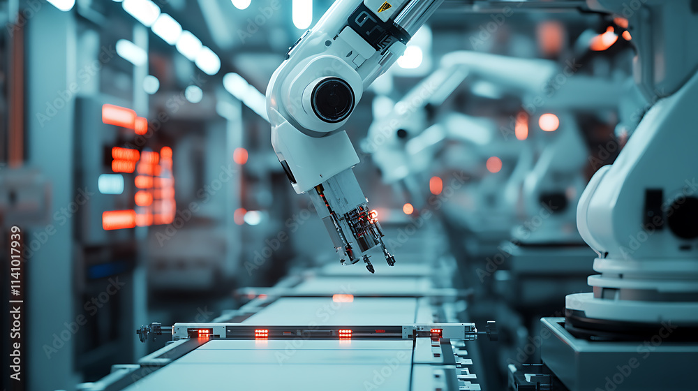 Poster robotic arms working in a car manufacturing plant, the automated assembly line is equipped with adva
