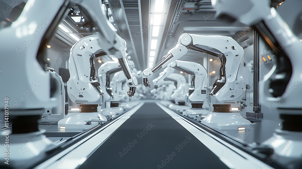 Poster robotic arms working in a car manufacturing plant, the automated assembly line is equipped with adva
