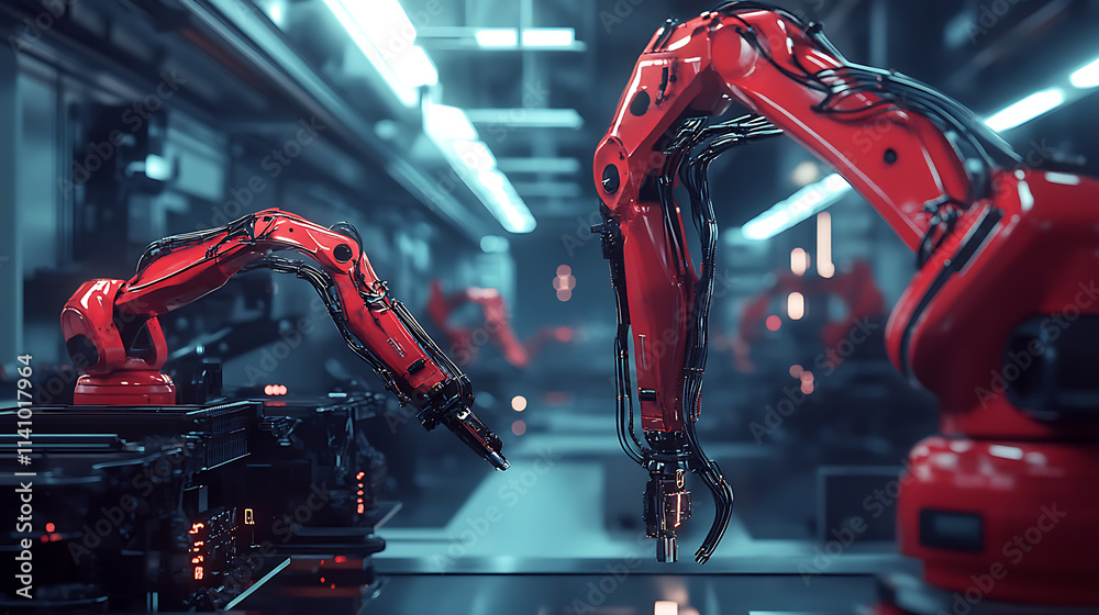 Leinwandbilder Robotic arms working in a car manufacturing plant, the automated assembly line is equipped with advanced technology for efficient production of vehicles