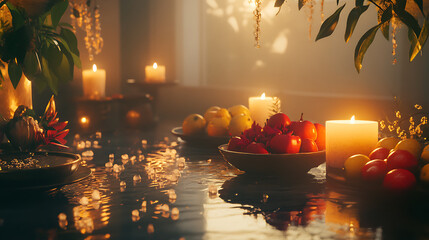 Ritual setup with fruits, lamps, and water reflection under a serene light