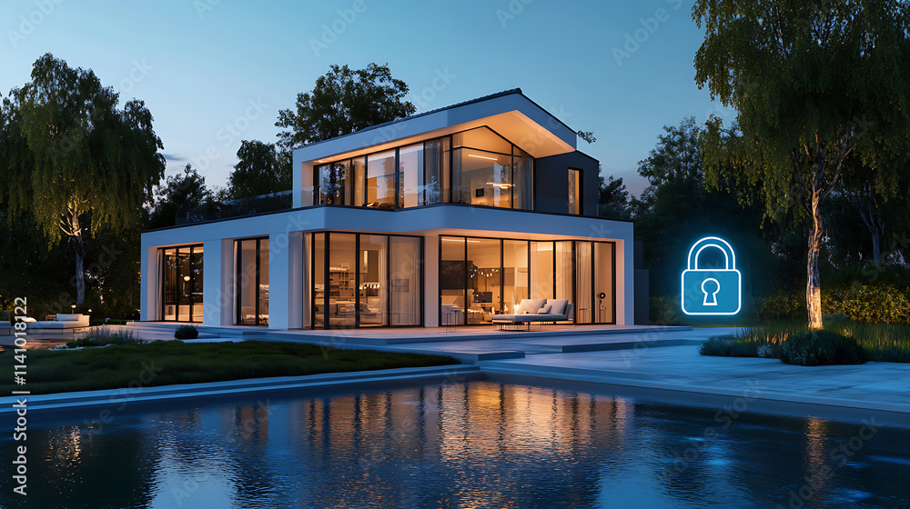 Poster modern house with a smart home security system is being protected, as shown by the padlock icon