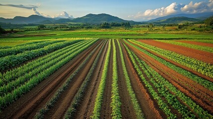 Lush green farmland with rows of crops, mountains in background, under a partly cloudy sky.