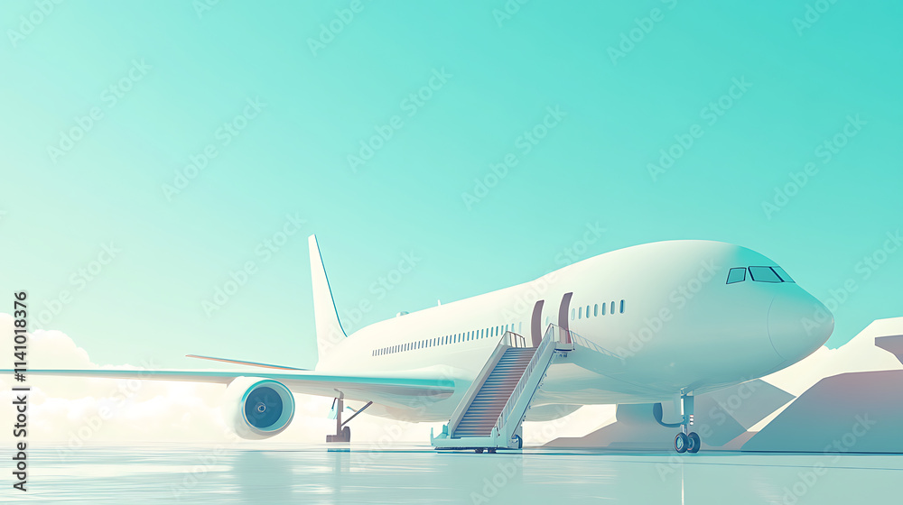 Poster Isolated on a bright background with sky is a white passenger jet with boarding stairs