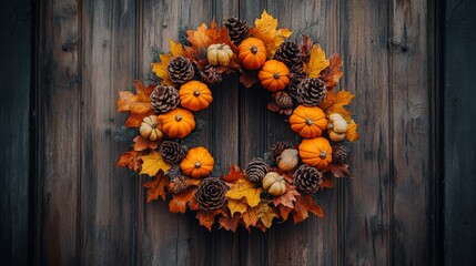 A rustic autumn wreath made of dried orange and yellow leaves, pinecones, and small pumpkins, hanging on a wooden door.