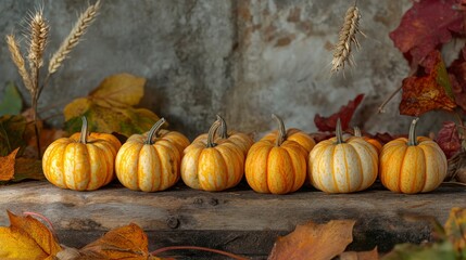A collection of small pumpkins arranged on a wooden surface, surrounded by dried wheat and colorful autumn leaves, with a cozy fall atmosphere.
