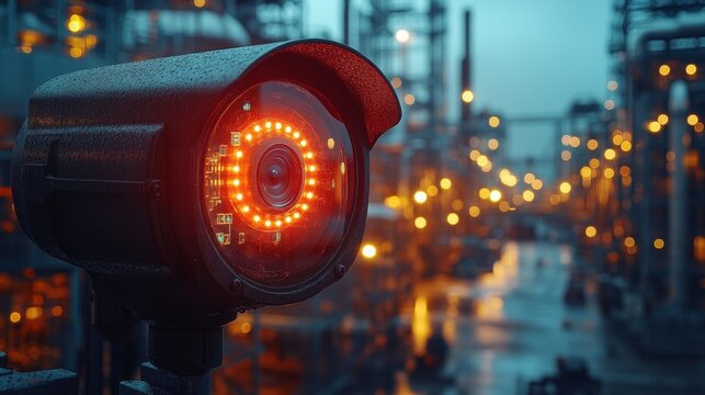 Thermal imaging CCTV camera monitoring industrial site during dusk