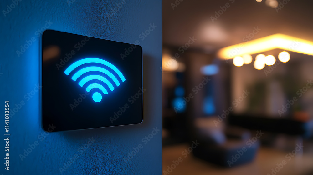 Poster modern smart home device is mounted on a wall, emitting a blue wifi symbol, indicating a strong and 
