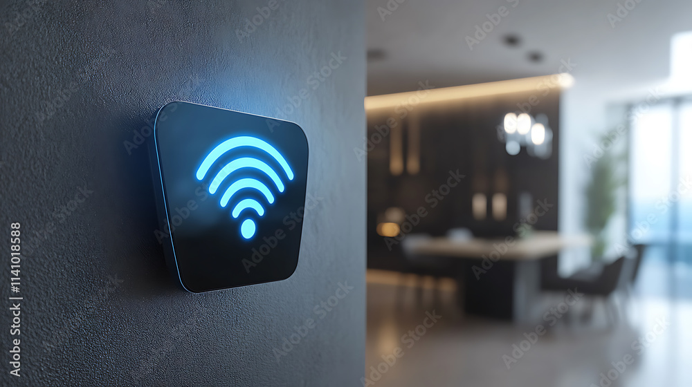 Poster modern smart home device is mounted on a wall, emitting a blue wifi symbol, indicating a strong and 