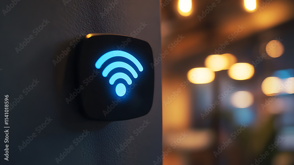 Poster modern smart home device is mounted on a wall, emitting a blue wifi symbol, indicating a strong and 