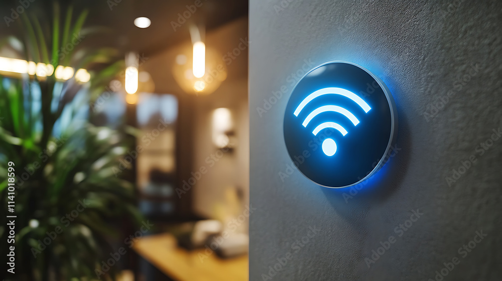 Poster modern smart home device is mounted on a wall, emitting a blue wifi symbol, indicating a strong and 