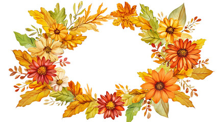 Fall floral wreath, autumn flowers, leaves, and wildflowers, autumn leaves and wildflowers clipart, invitation or floral card design