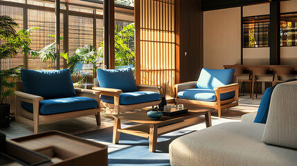 Japandi, minimalist interior design of modern living room