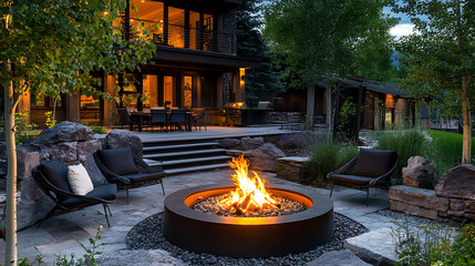Fire pit is burning during the summer evening with designers relaxing in chairs around it