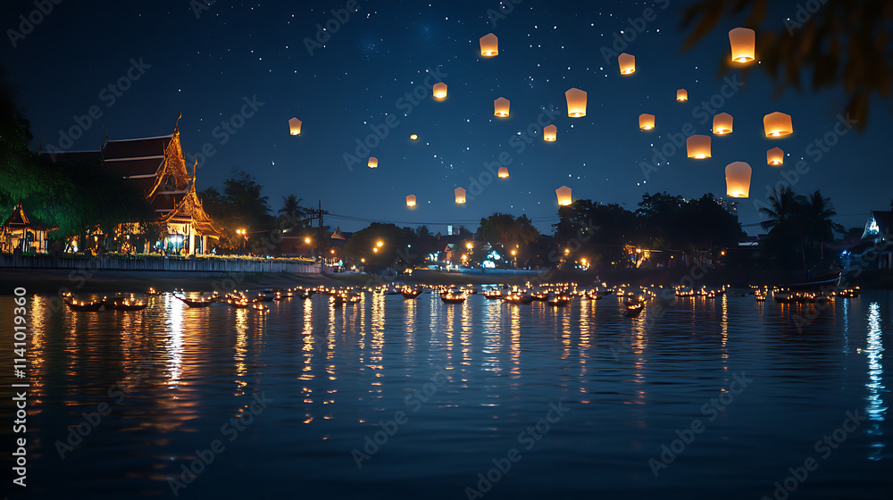 Poster floating lanterns on a river at night, creating a magical and spiritual atmosphere during loy kratho