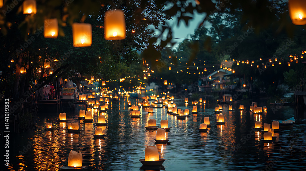 Aufkleber Floating lanterns on a river at night, creating a magical and spiritual atmosphere during loy krathong festival