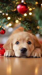 Cute dog lying under the Christmas tree, next to presents and gift boxes, and ornaments