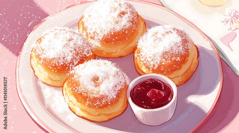 Poster Fluffy beignets dusted with powdered sugar and served with raspberry jam for dipping