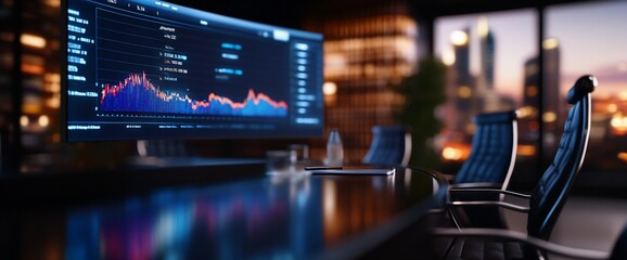 Stock market data displayed on a computer screen in a modern office with cityscape view.