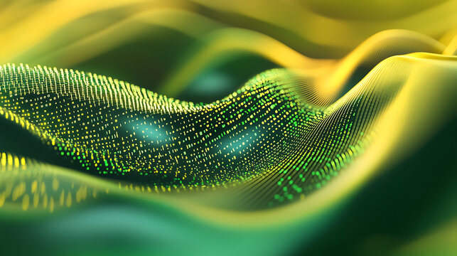 Flowing stream of binary code in green and yellow hues, representing data transfer and technology