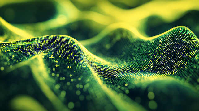 Flowing stream of binary code in green and yellow hues, representing data transfer and technology