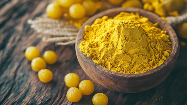 Fresh amla powder and raw avla on rustic wooden table, ayurvedic supplement concept