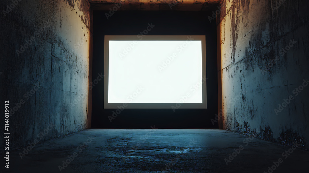 Aufkleber front view of a blank, white, glowing digital screen inside a dimly lit hallway with a black wall an