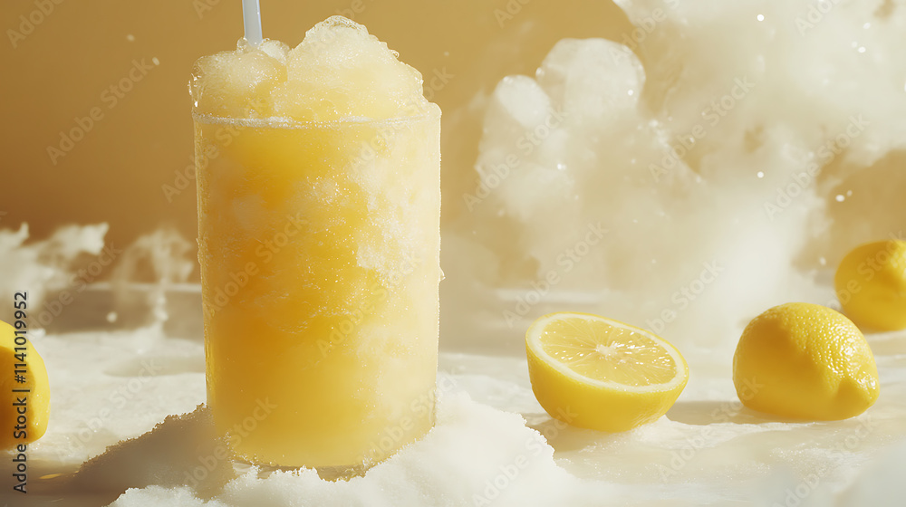 Poster frozen lemonade is a thick version of lemonade made by mixing lemon juice, sugar and ice, creating a