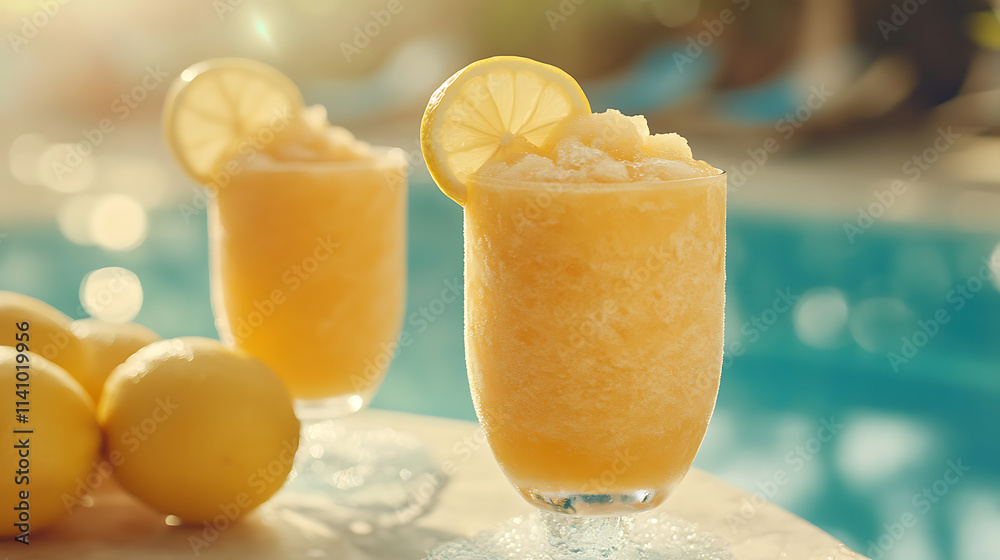 Poster frozen lemonade is a thick version of lemonade made by mixing lemon juice, sugar and ice, creating a