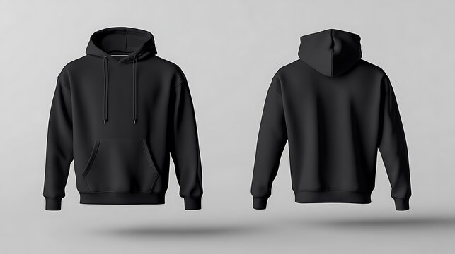 Front view and rear view of black boxy fit hooded sweatshirt mockup, cotton and linen material