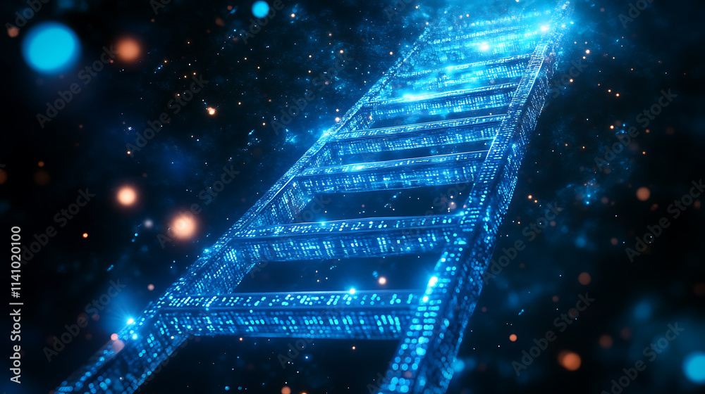 Poster Futuristic digital background with a ladder embedded with cascading binary code, symbolizing the ascent through technology and information