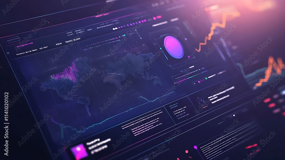 Poster Futuristic blockchain interface display with global map, decentralized network and cryptocurrency concept for business and finance
