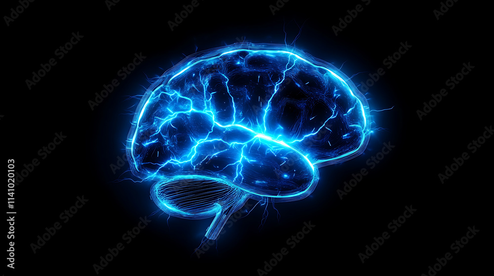 Poster Futuristic digital brain with electrical impulses, glowing brain illustration with blue particles following brain structure, neuronal and synapse activity concept