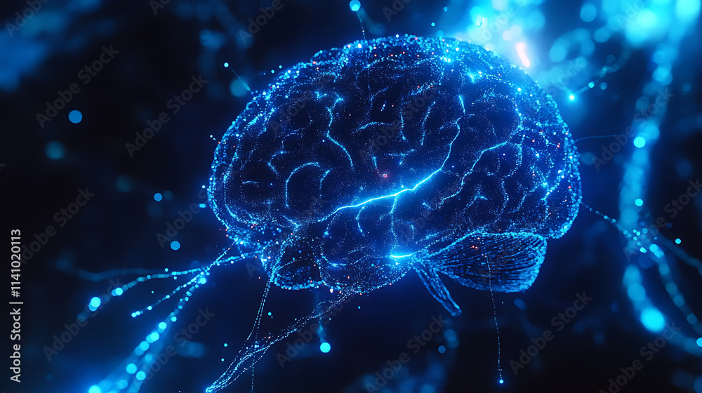 Poster Futuristic digital brain with electrical impulses, glowing brain illustration with blue particles following brain structure, neuronal and synapse activity concept