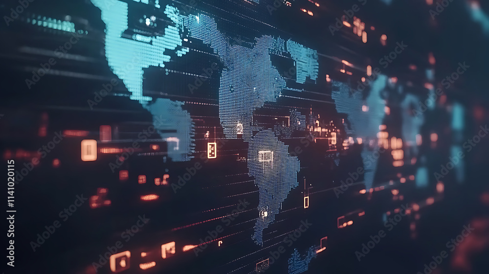 Poster futuristic blockchain interface display with global map, decentralized network and cryptocurrency co