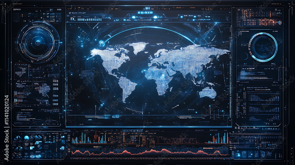Aufkleber Futuristic blockchain interface display with global map, decentralized network and cryptocurrency concept for business and finance