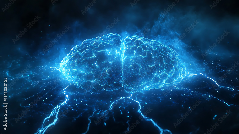 Poster futuristic digital brain with electrical impulses, glowing brain illustration with blue particles fo