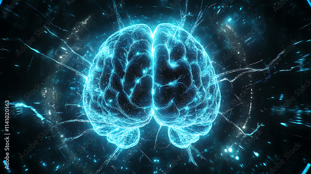 Poster futuristic digital brain with electrical impulses, glowing brain illustration with blue particles fo