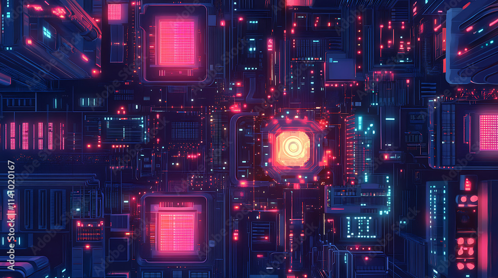 Poster futuristic digital circuit board illustration, glowing lights and intricate pathways symbolizing tec