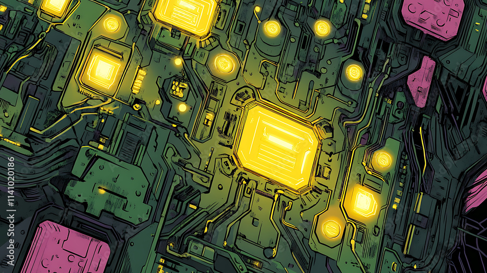 Poster futuristic digital circuit board illustration, glowing lights and intricate pathways symbolizing tec