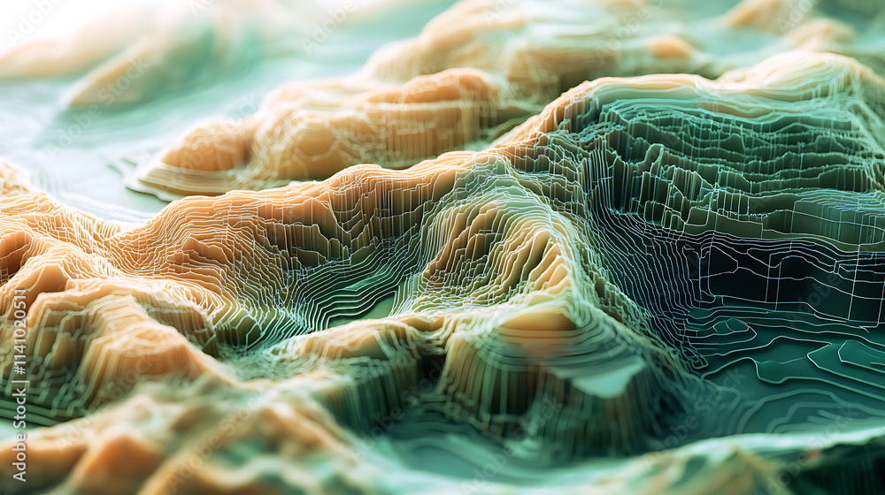 Poster Gis geodata mapping concept featuring a detailed, layered terrain model with contour lines and elevation data, ideal for geographic analysis and spatial data visualization