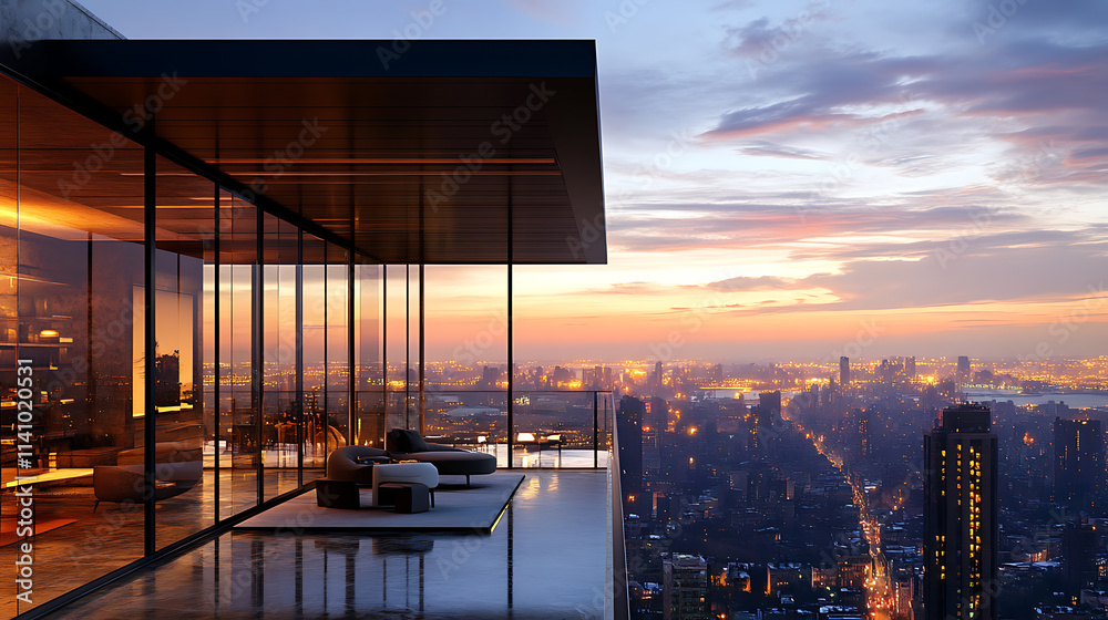 Poster glass-walled room with a panoramic view of a cityscape at dusk, on a city light background, concept 