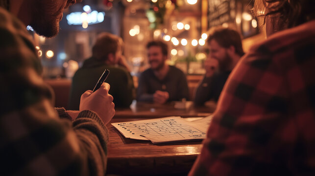 Pub trivia night. Friends participating in a trivia quiz at a warm and lively bar setting, combining fun, strategy, and laughter during a social gathering. Image made using Generative AI