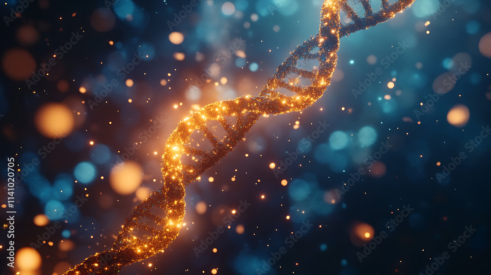 Aufkleber glowing dna strand forming with light particles floating around it on a blue background