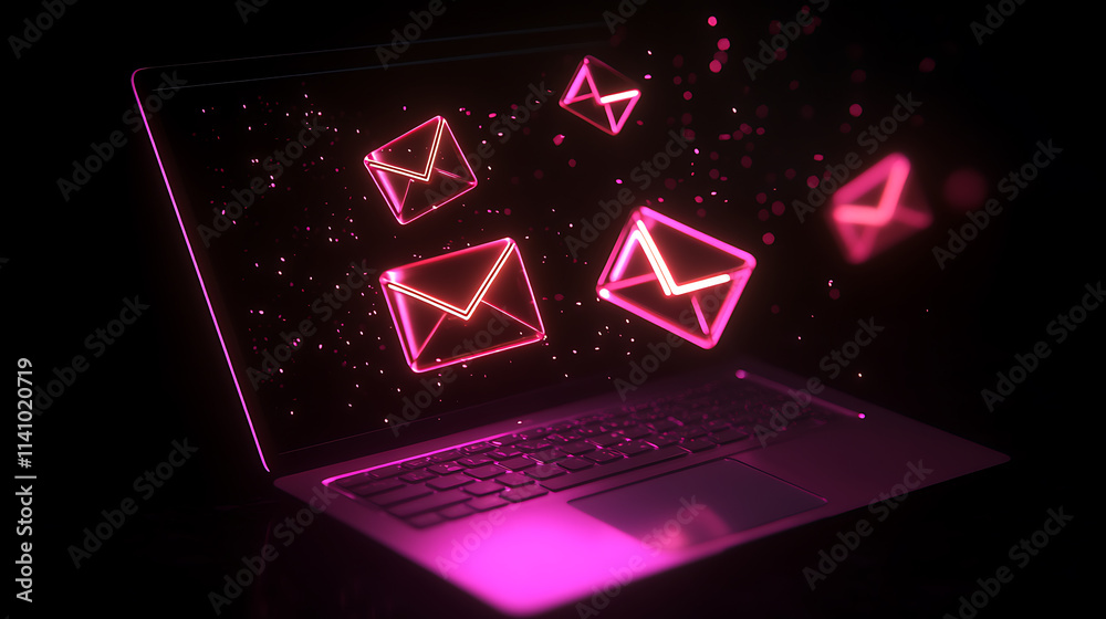 Poster glowing email icons emerging from laptop with sparkles