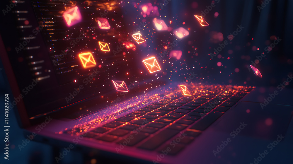 Poster glowing email icons emerging from laptop with sparkles