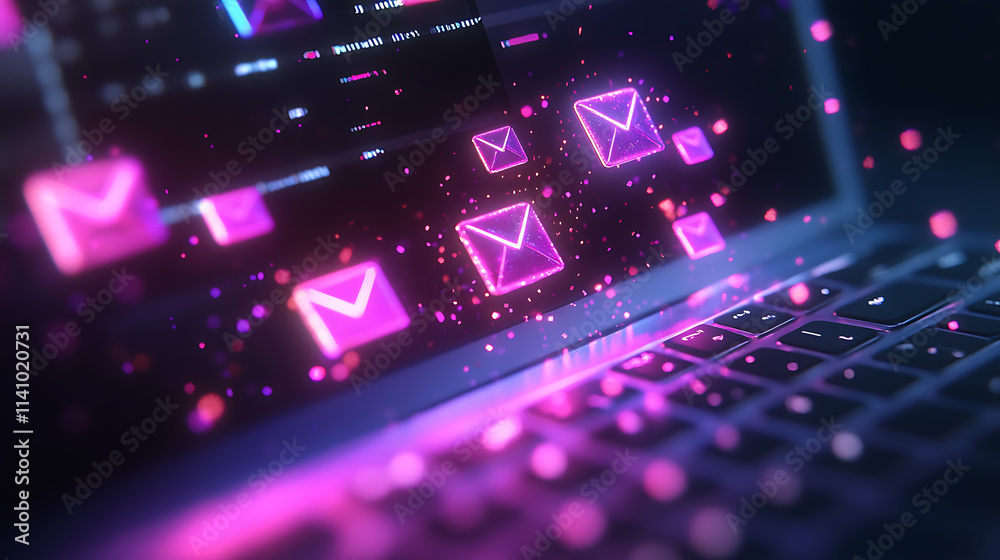 Poster glowing email icons emerging from laptop with sparkles