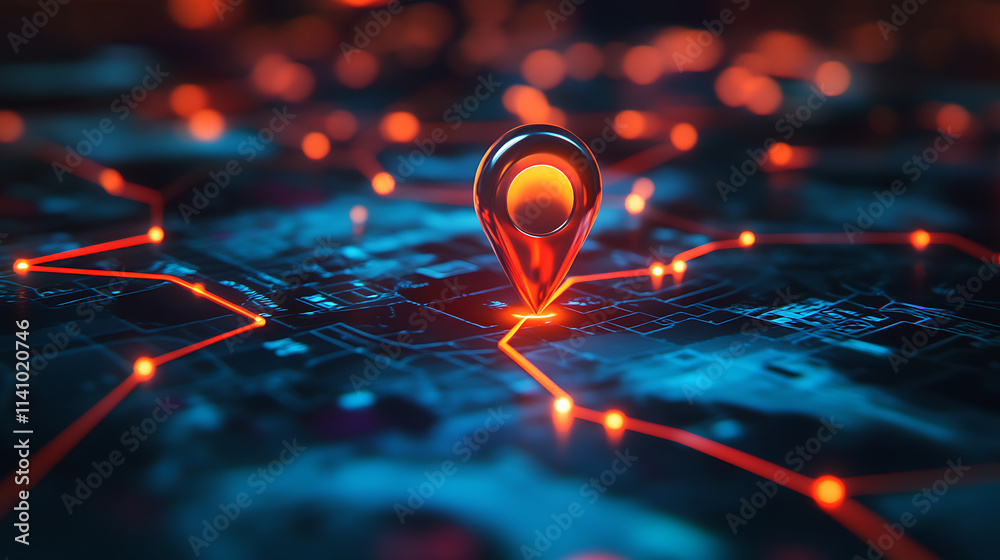 Poster Glowing location pin on an interactive map with multiple route wires leading to different locations, symbolizing the concept of futuristic navigation technology and urban travel planning