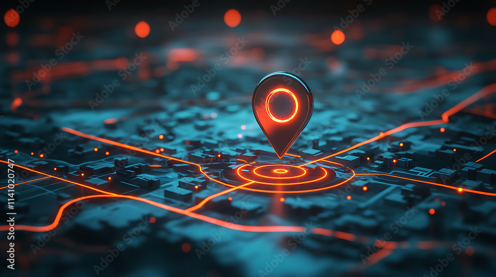 Leinwandbilder glowing location pin on an interactive map with multiple route wires leading to different locations,