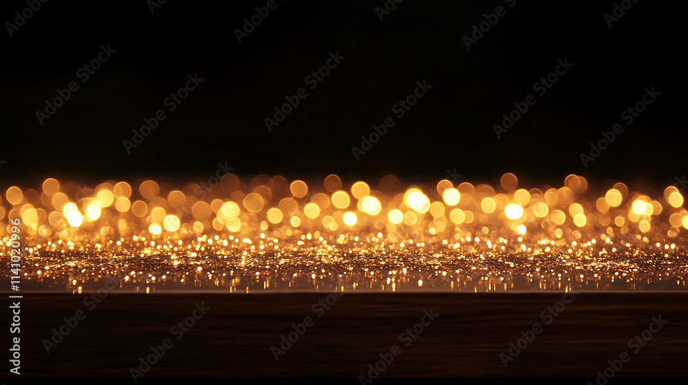 Poster golden abstract bokeh lights on black background: festive holiday atmosphere and elegant sparkling d