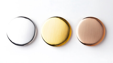 Obraz premium Gold, silver and bronze simple trophy, first, second and third place medals or awards isolated on white background, empty badge, minimalist, modern and luxury